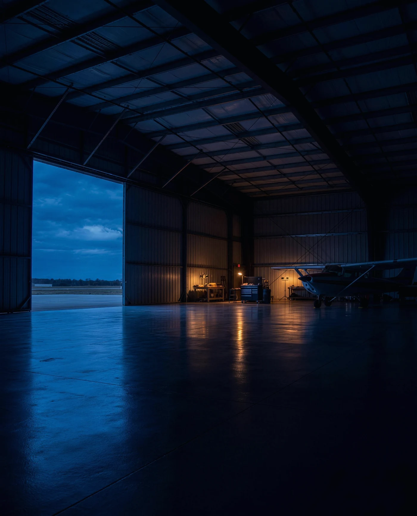 A single-engine aircraft in an open hangar at dusk