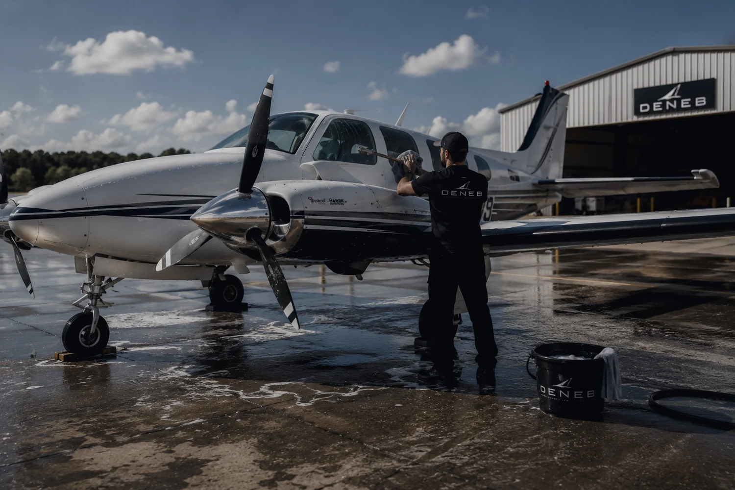 Washing a twin-engine aircraft on the ramp outside the hangar