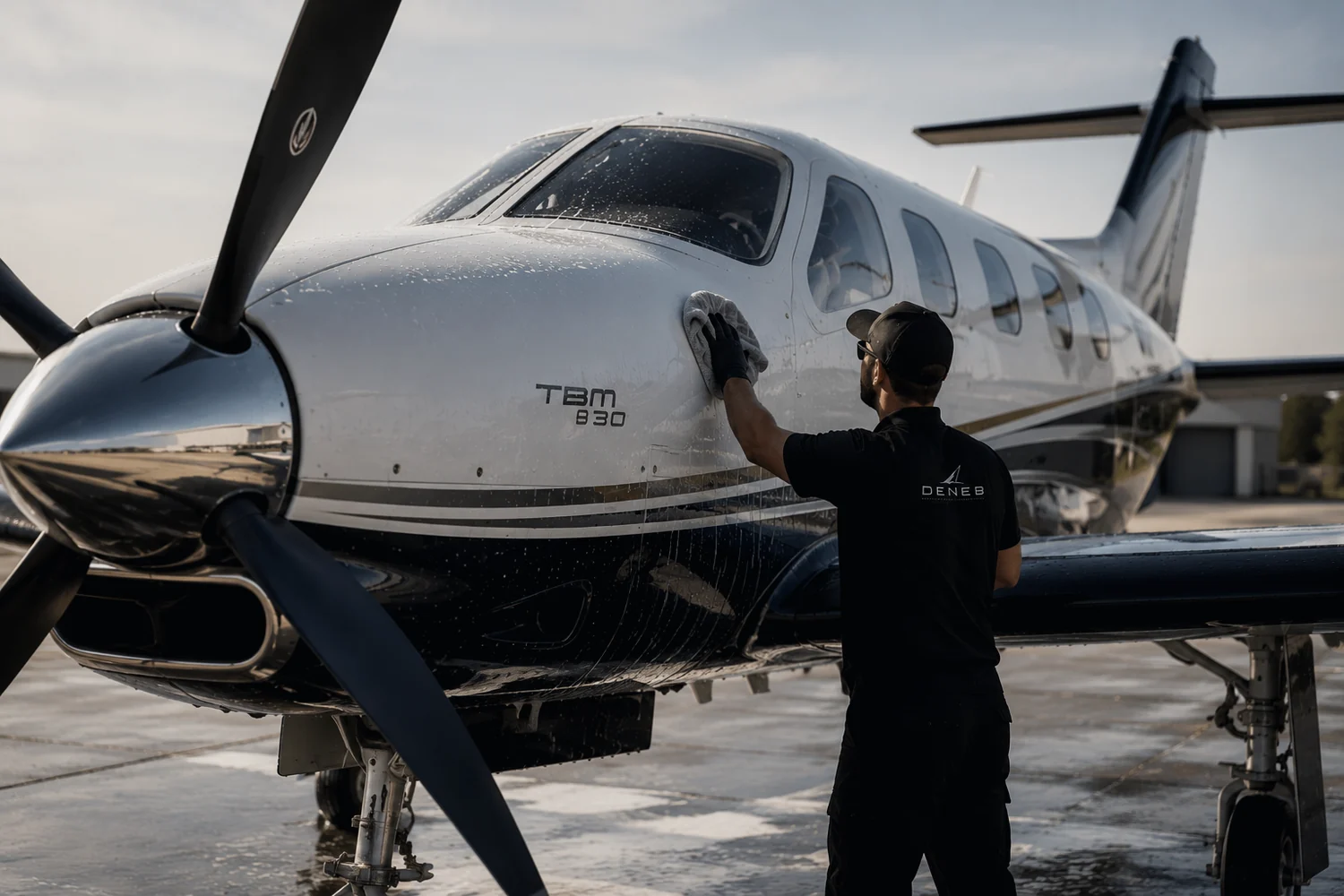 A Deneb crew member working on the nose of a TBM 930 on the ramp