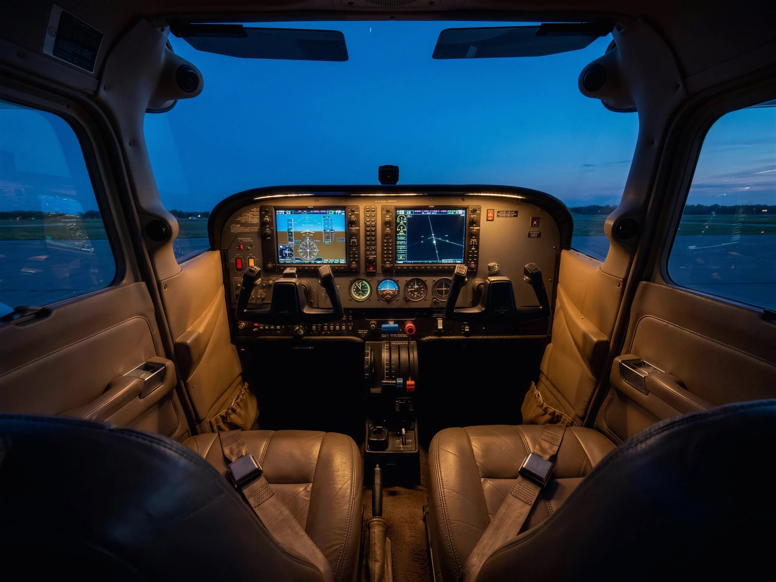 The instrument panel and dual controls of a light training aircraft at dusk